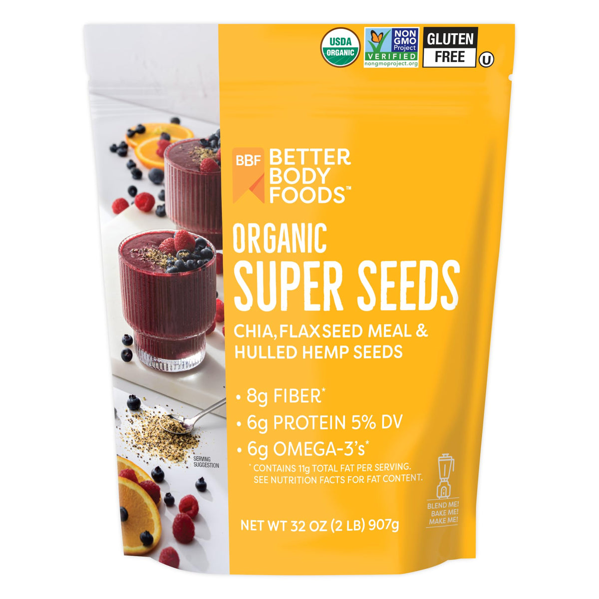 BetterBody Foods envase frontal de mezcla super seeds, práctico y orgánico