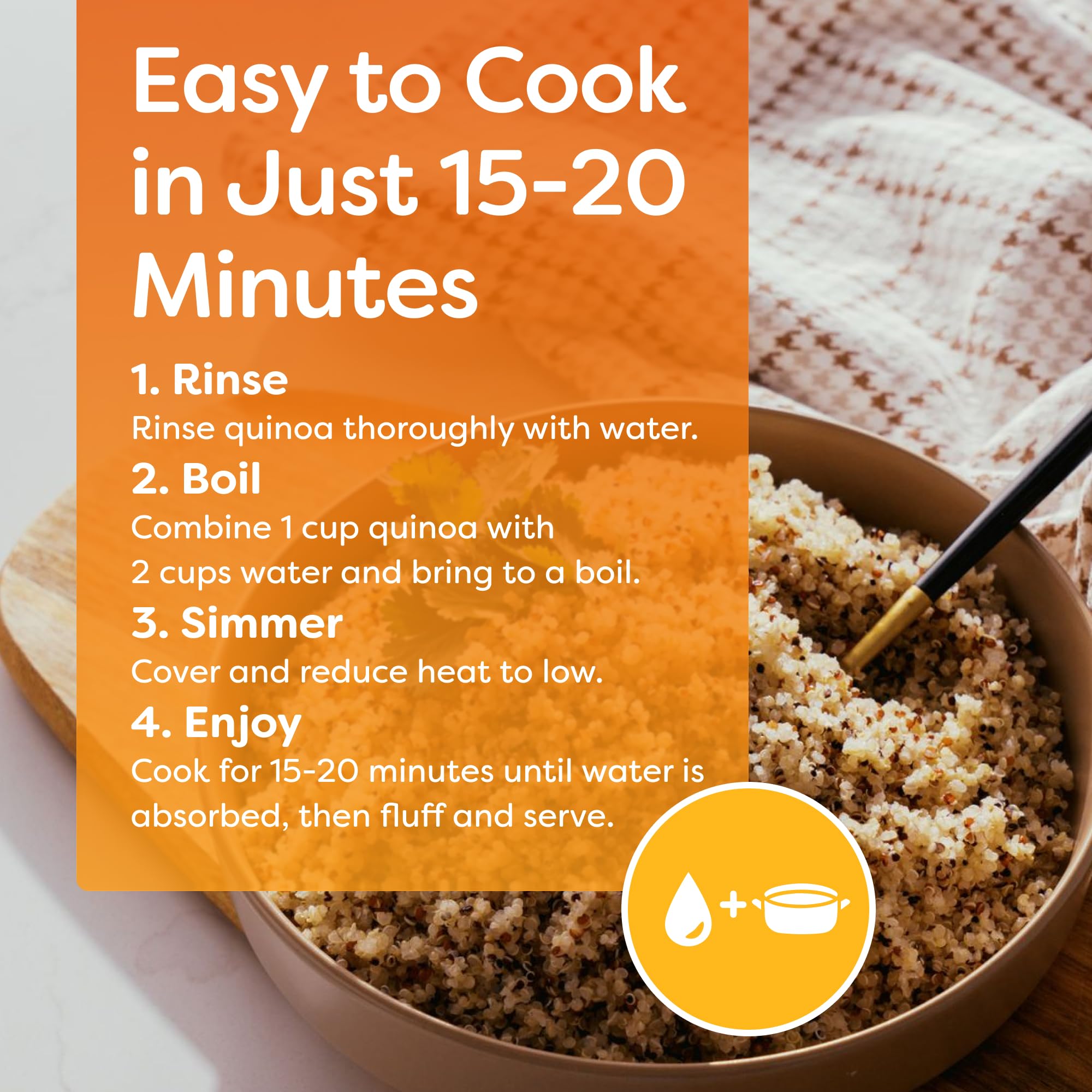 BetterBody Foods quinoa junto a una taza para comparar tamaño de porción