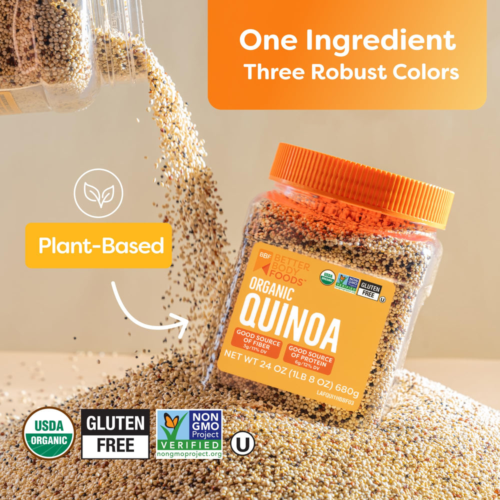 BetterBody Foods quinoa en cucharada mostrando porción práctica y tamaño