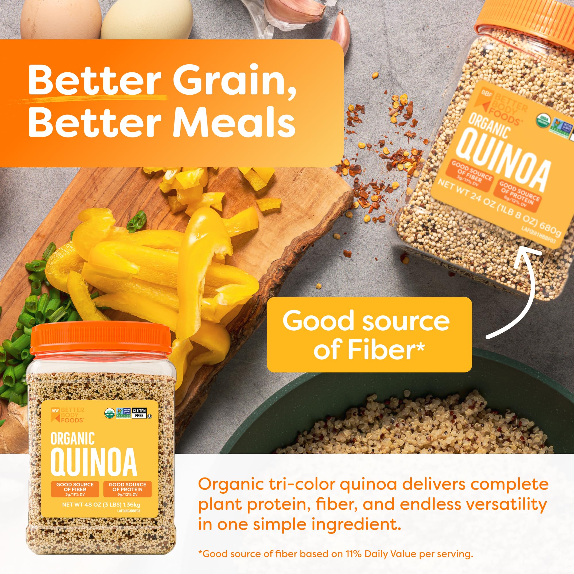 BetterBody Foods quinoa textura cercana que resalta grano esponjoso y calidad