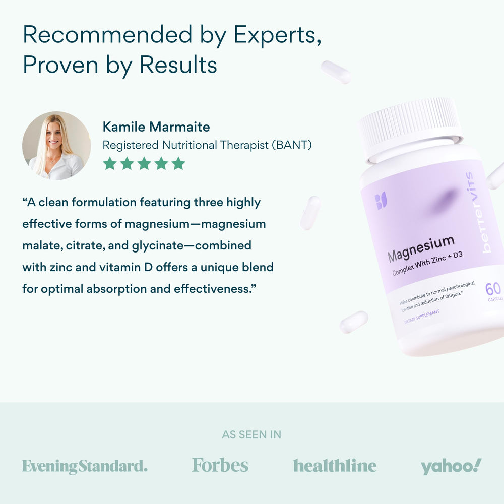 Bettervits label ingredients panel displaying magnesium blend, zinc, D3 clarity