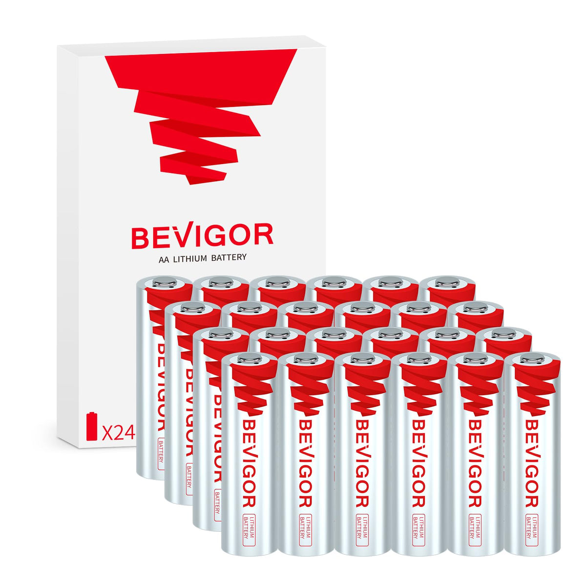 BEVIGOR paquete frontal 24 pilas AA mostrando almacenamiento compacto y disponibilidad