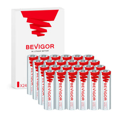 BEVIGOR paquete frontal 24 pilas AA mostrando almacenamiento compacto y disponibilidad
