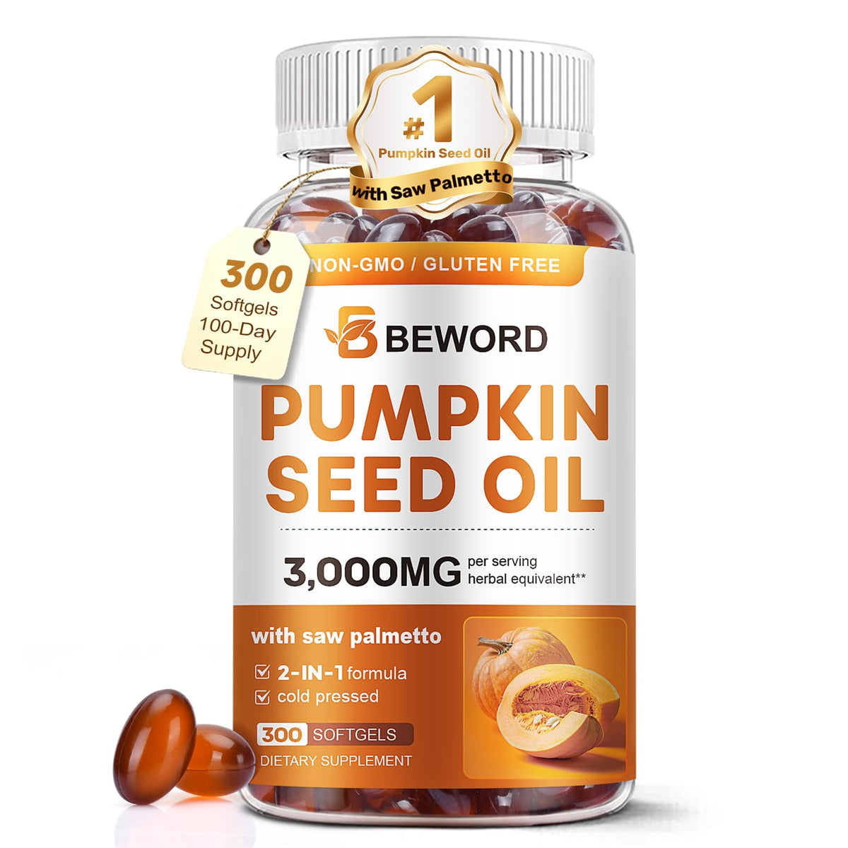 BEWORD frasco frontal mostrando 300 cápsulas blandas y diseño claro