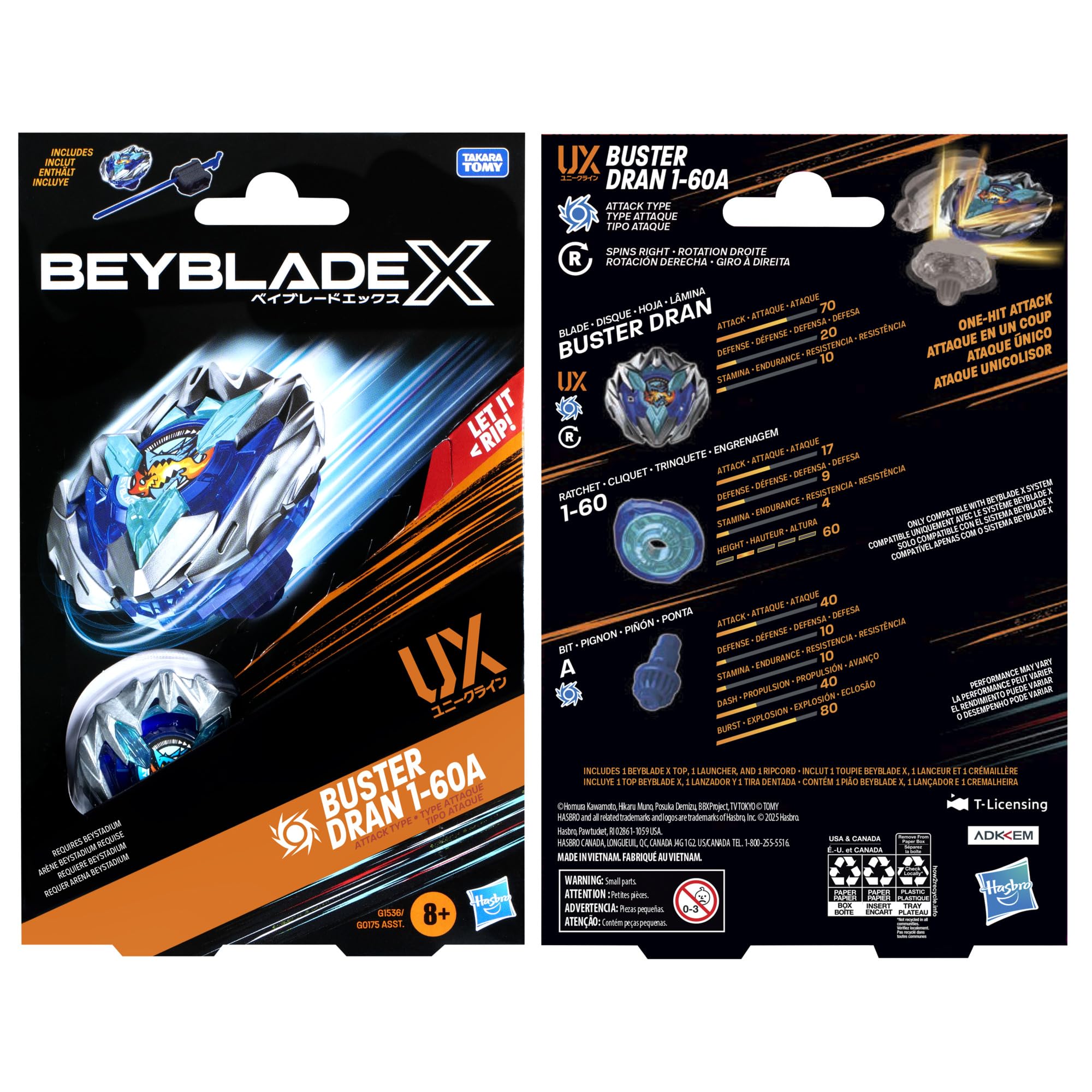 Beyblade Buster Dran caja con etiqueta Takara Tomy y contenido del starter pack