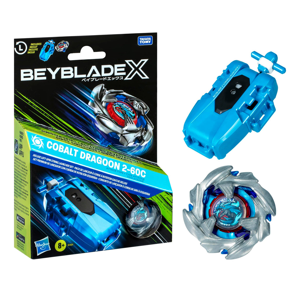 Beyblade Cobalt Dragoon frente mostrando diseño y potencia