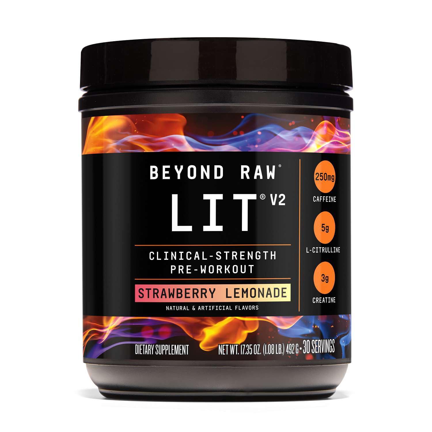 BEYOND RAW bote frontal mostrando el diseño y sabor Strawberry Lemonade