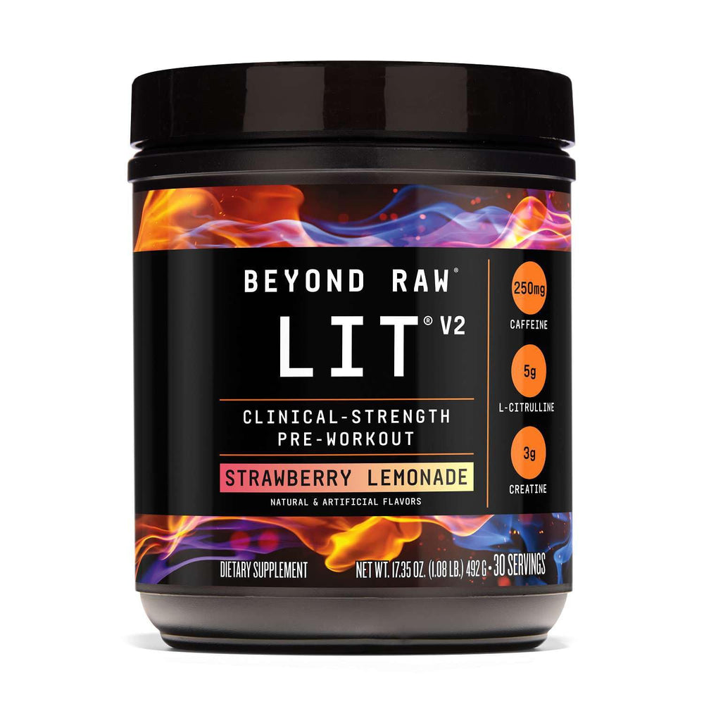 BEYOND RAW bote frontal mostrando el diseño y sabor Strawberry Lemonade