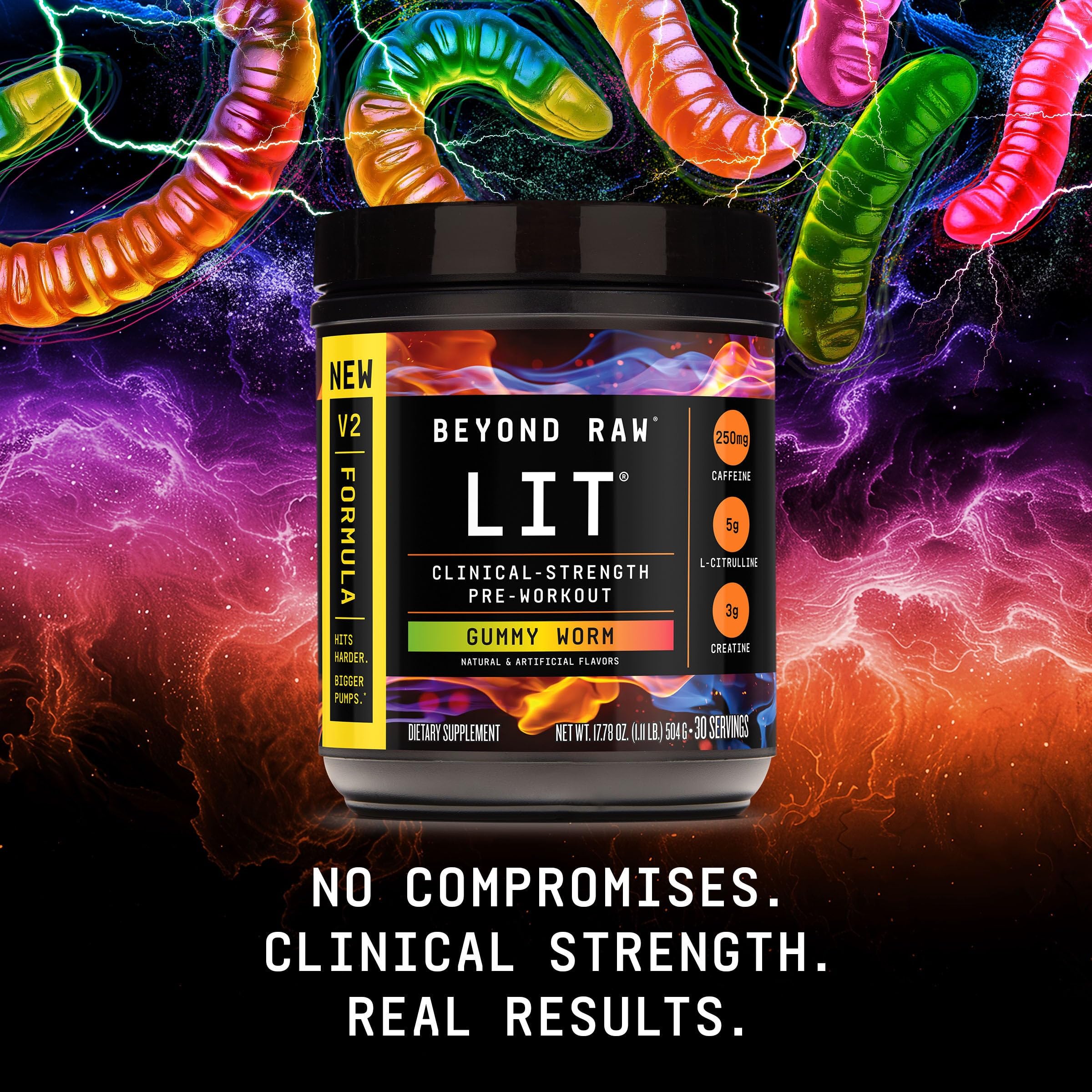 BEYOND RAW copo y gomita estilo Gummy Worm ilustrando sabor intenso