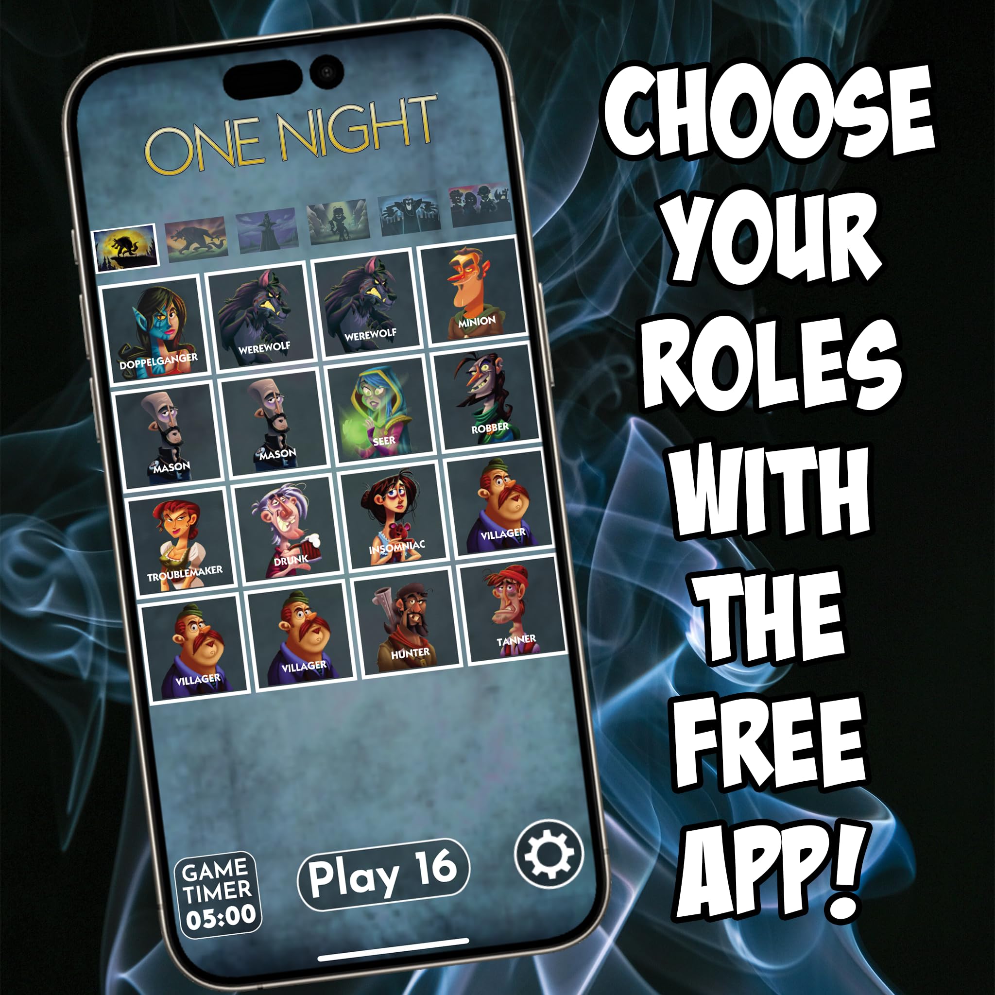Bezier Games night phase with app guide and cards, simplifies setup and timing