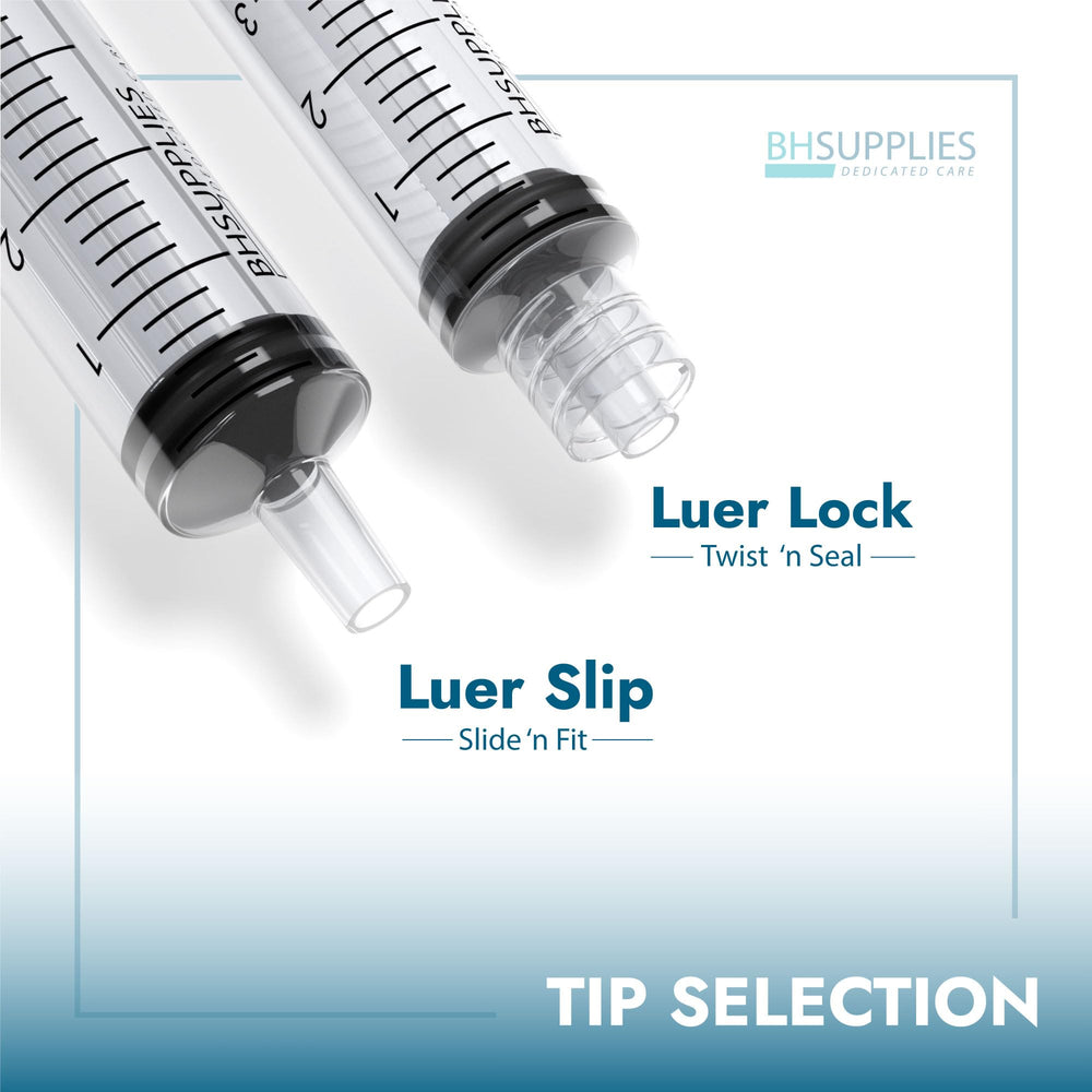 BH SUPPLIES detalle del cierre Luer lock mostrando acoplamiento firme