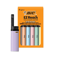 BIC EZ Reach pack frontal mostrando seis encendedores pastel y beneficio de repuestos