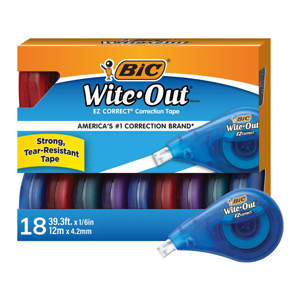 BIC Wite-Out vista frontal del paquete de 18 unidades, suministro escolar visible