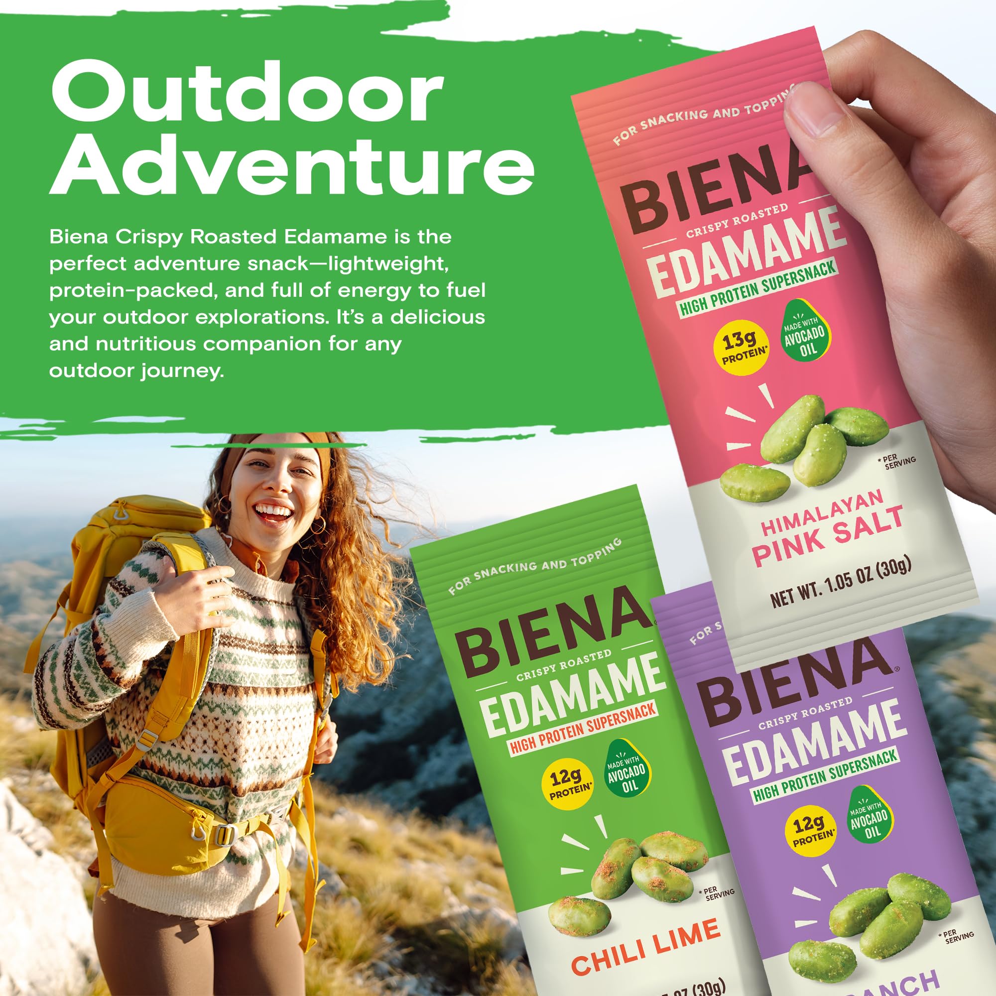 BIENA enfoque en etiqueta nutricional mostrando proteína y calorías