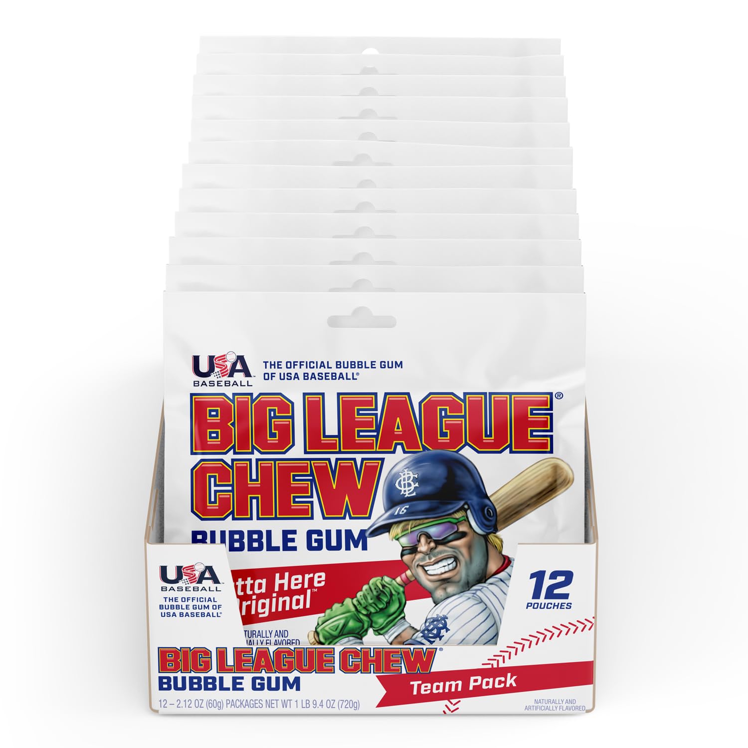 Big League Chew frente del empaque mostrando diseño y cantidad de bolsas
