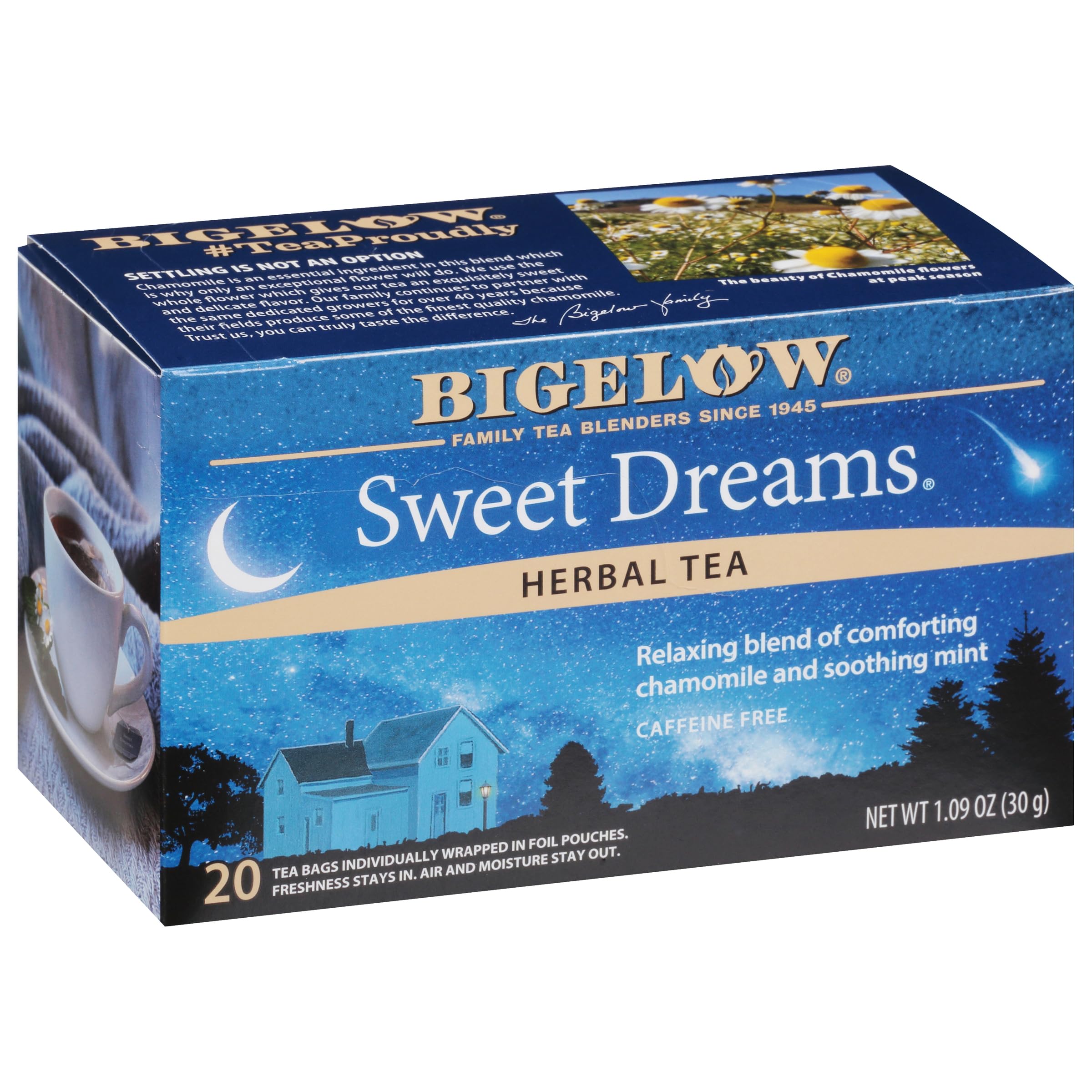 Bigelow Tea caja frontal mostrando diseño y cantidad, conveniencia y frescura