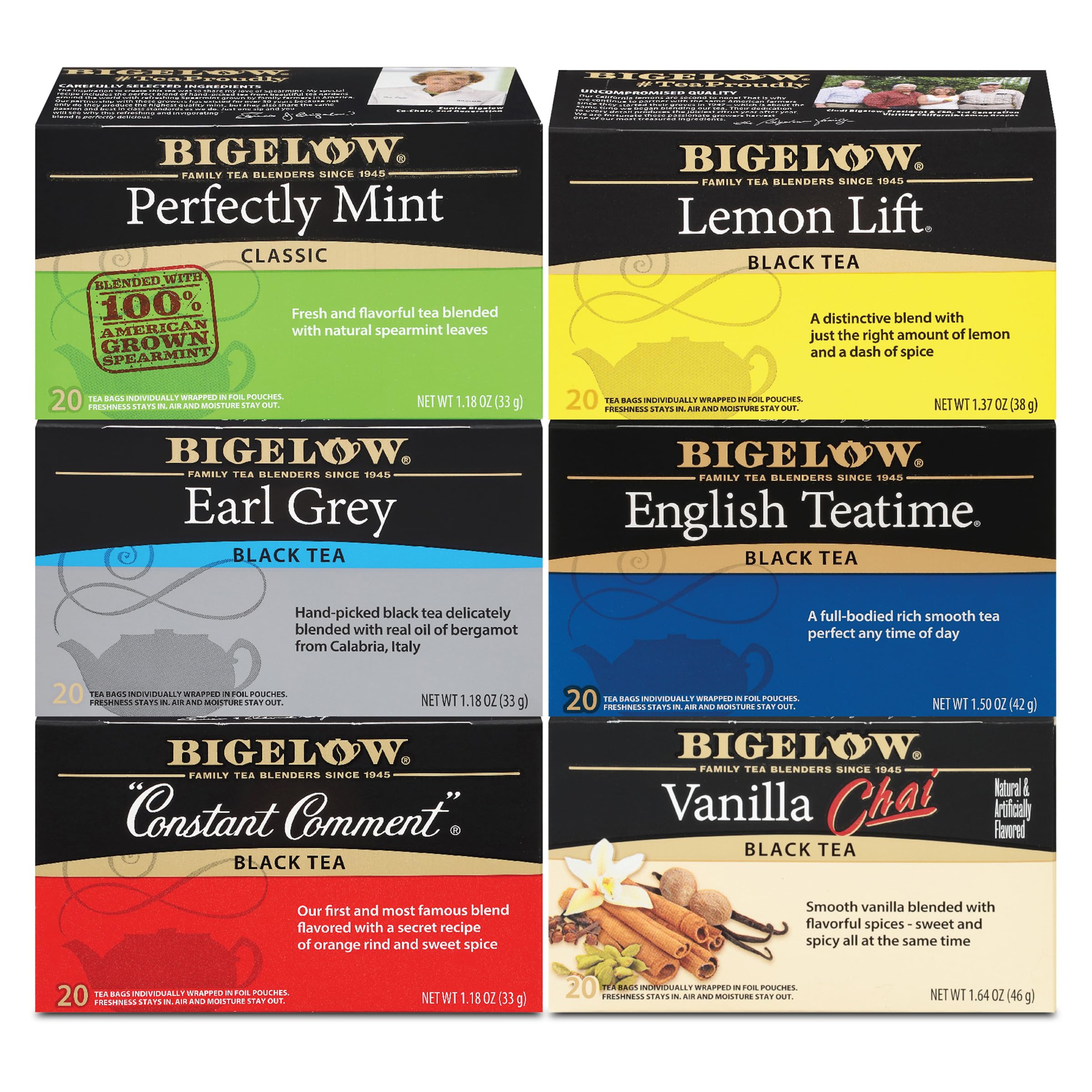 Bigelow Tea frente del envase mostrando variedad y frescura