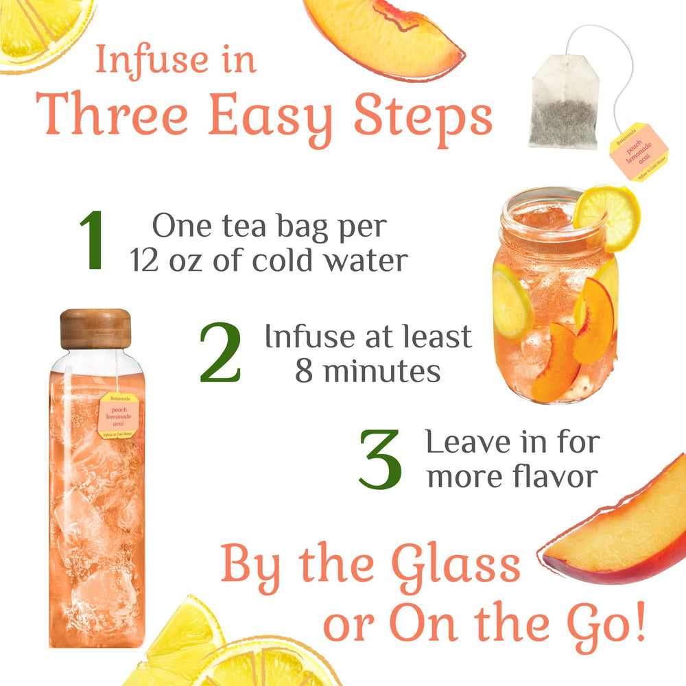 Bigelow Tea jarra con una bolsita infusionando en agua fría, refresco sin calorías listo