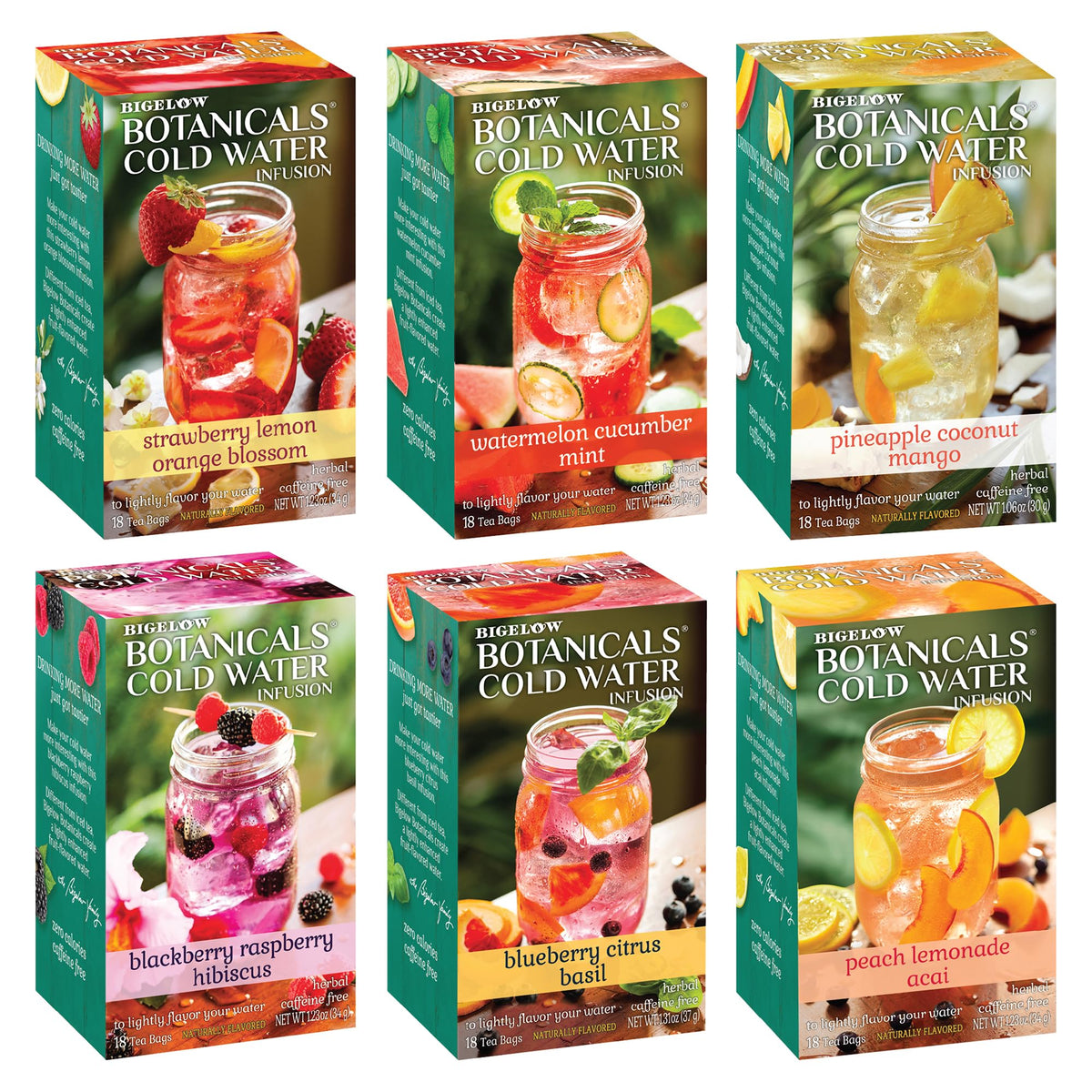 Bigelow Tea vista frontal del pack variedad 18 bolsitas con colores vibrantes y descripción clara