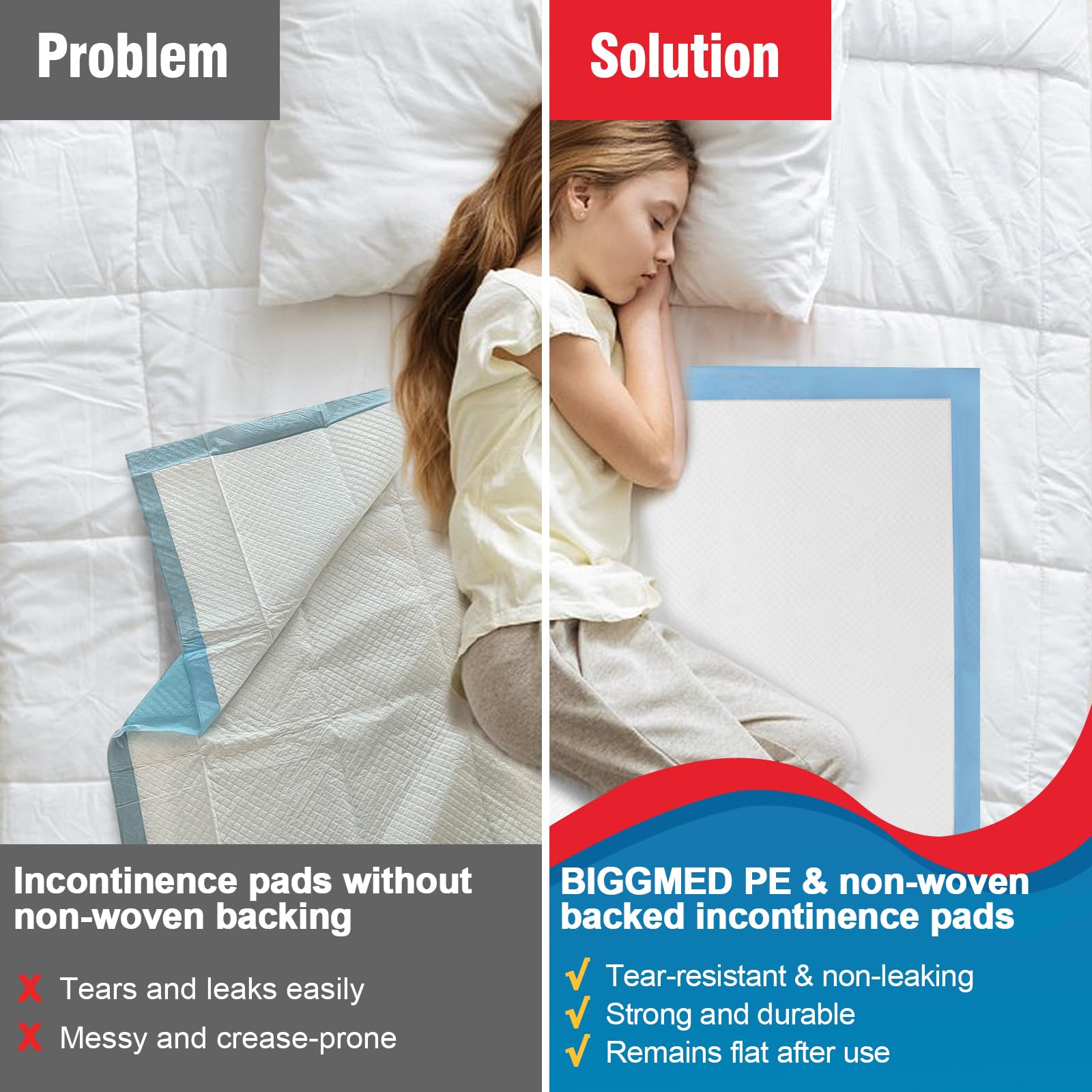 BIGGMED pad on sofa illustrating furniture protection and easy cleanup benefit