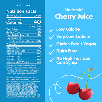 Closeup splash of cherry juice and can, Bing emphasizing real fruit flavor