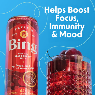 Twelve‑pack case of Bing Original Cherry cans, convenient multi‑pack storage