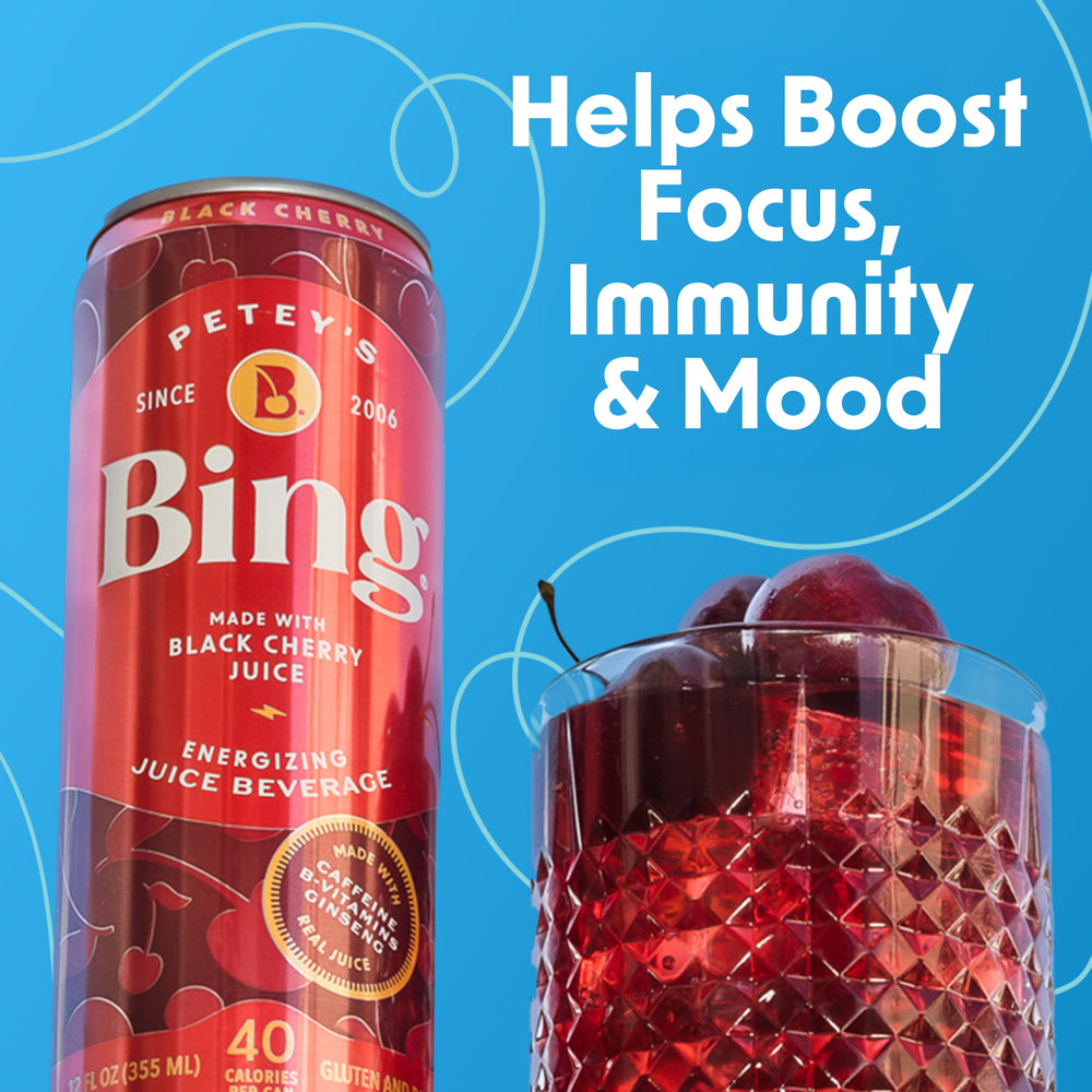 Twelve‑pack case of Bing Original Cherry cans, convenient multi‑pack storage