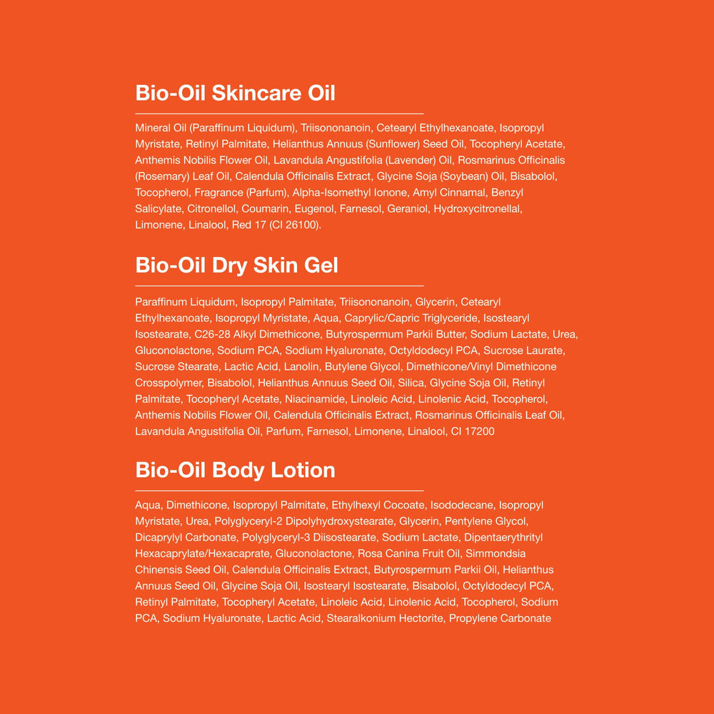 Ingredientes del kit Bio-Oil sobre mesa resaltando activos hidratantes