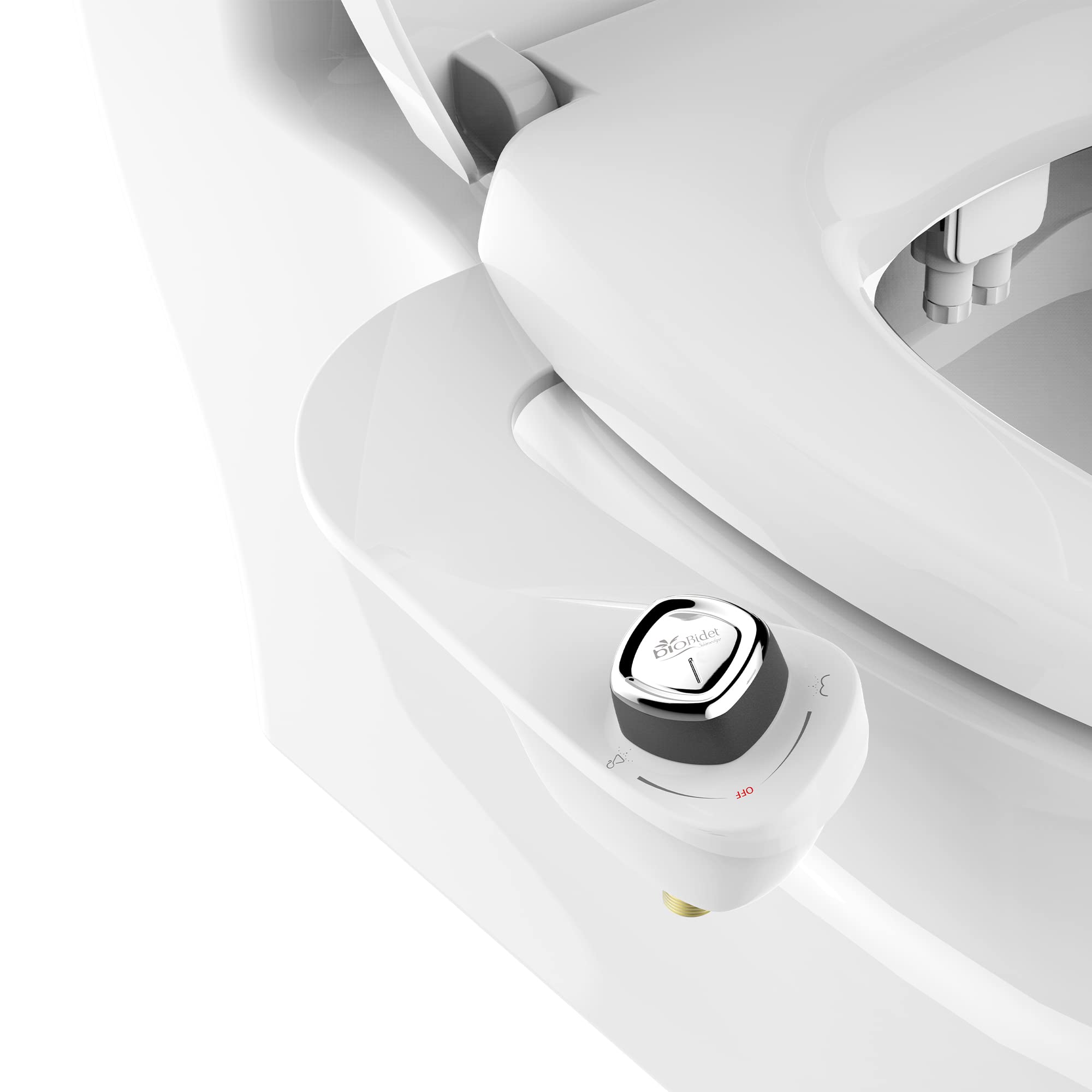 Bio Bidet vista frontal del adaptador SlimEdge mostando diseño compacto y beneficios de limpieza