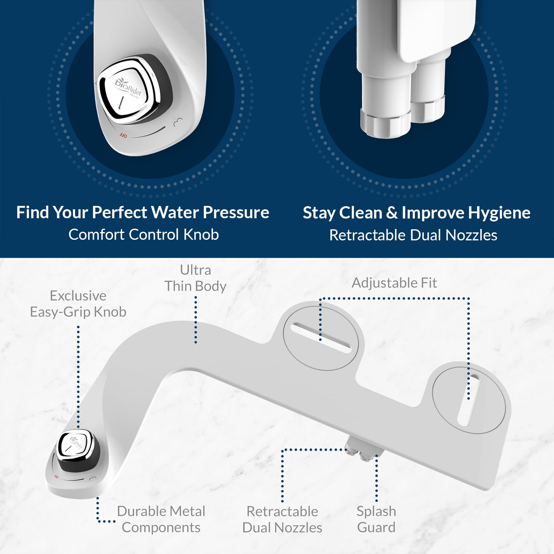 Bio Bidet perfil ultrafino instalado bajo el asiento sin elevar ni desequilibrar