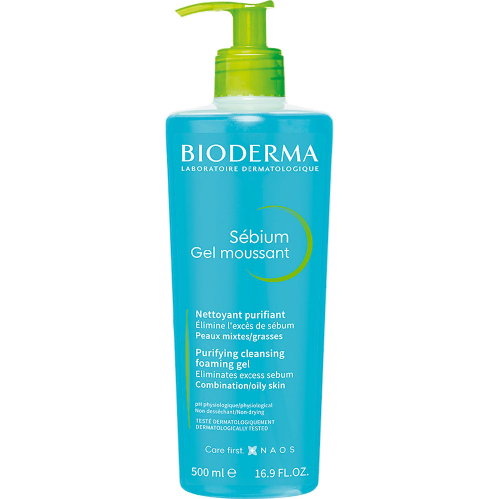 Bioderma botella frontal mostrando tamaño y diseño, limpieza práctica