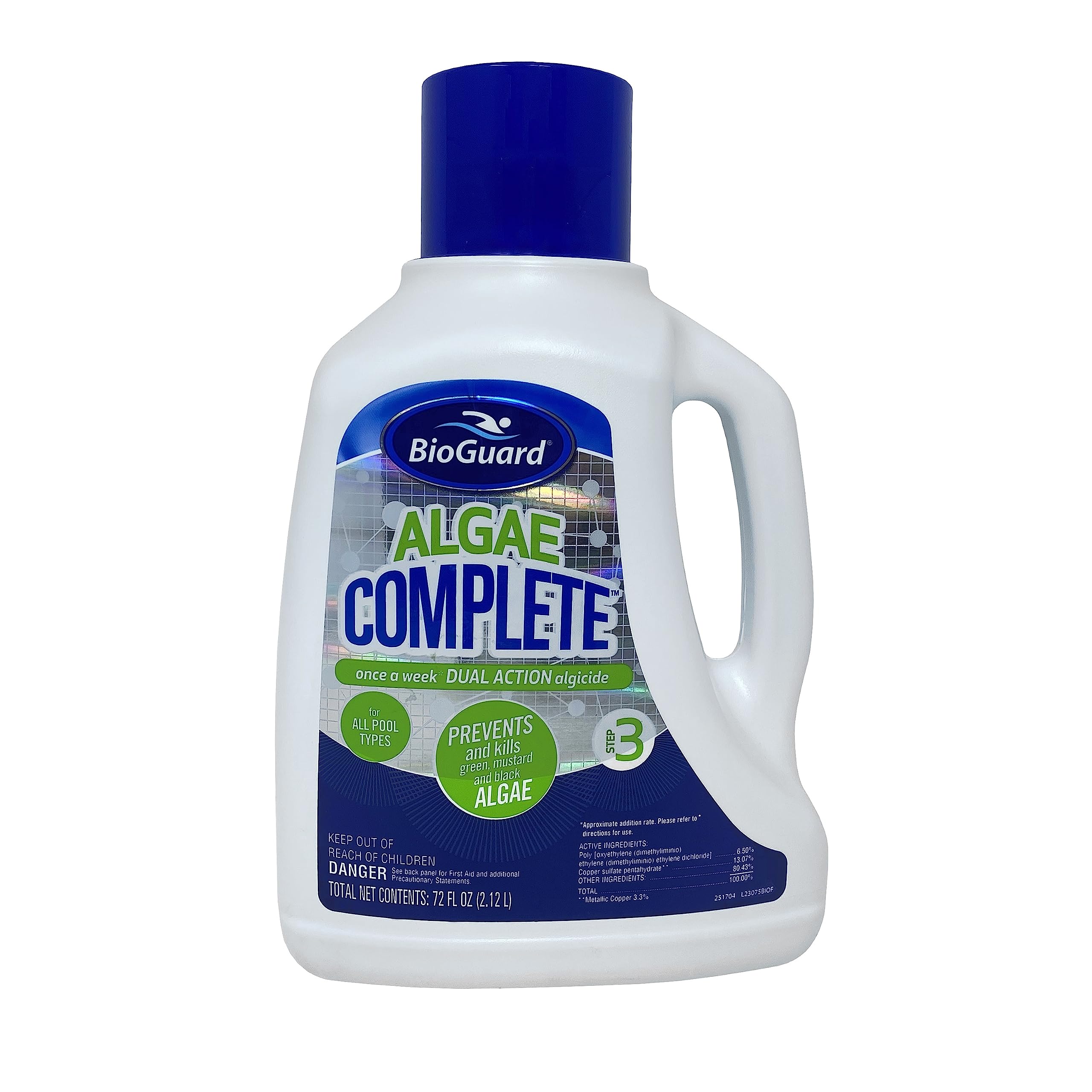 BioGuard botella frontal mostrando etiqueta y beneficios para control de algas