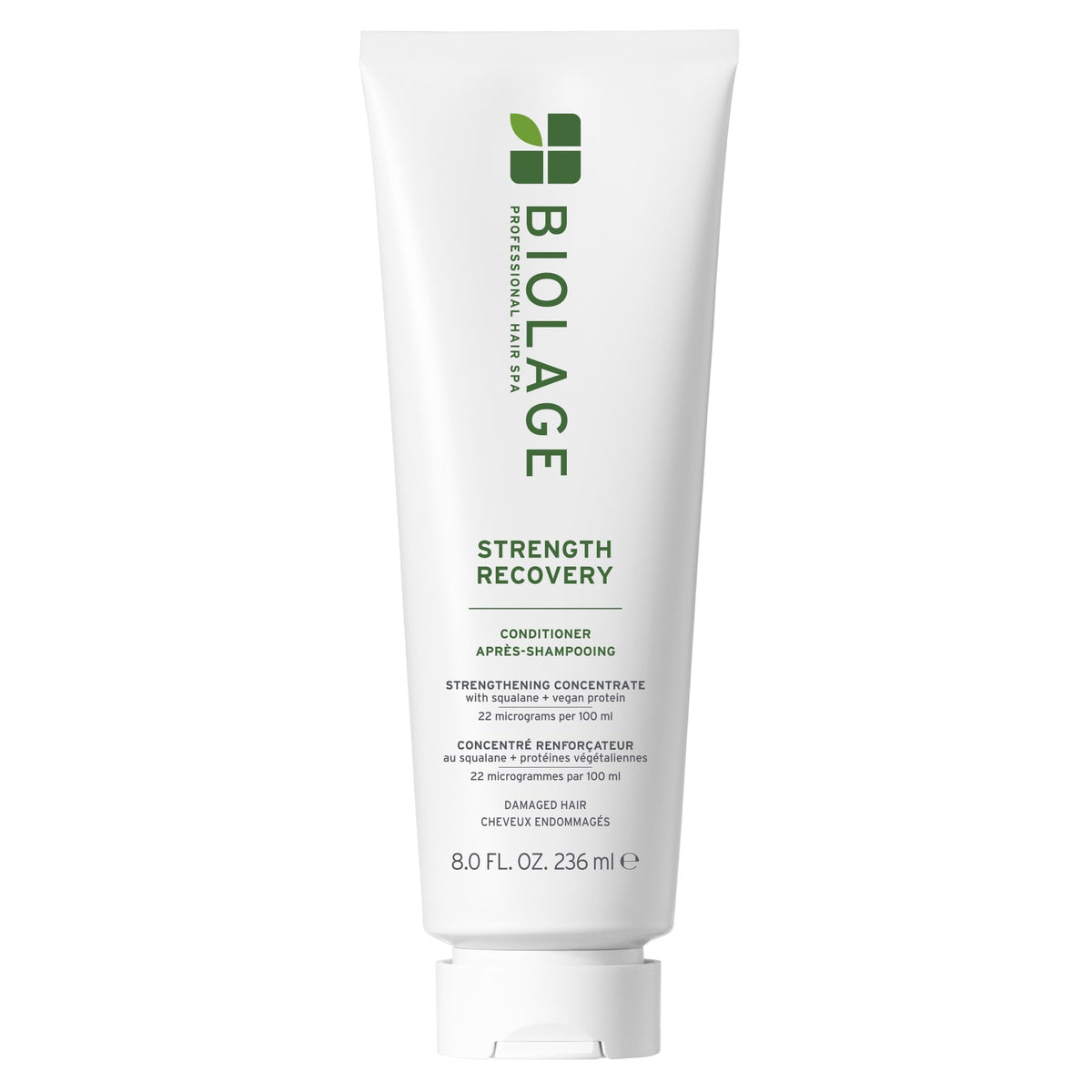 Biolage frasco frontal mostrando el acondicionador y su beneficio fortalecedor