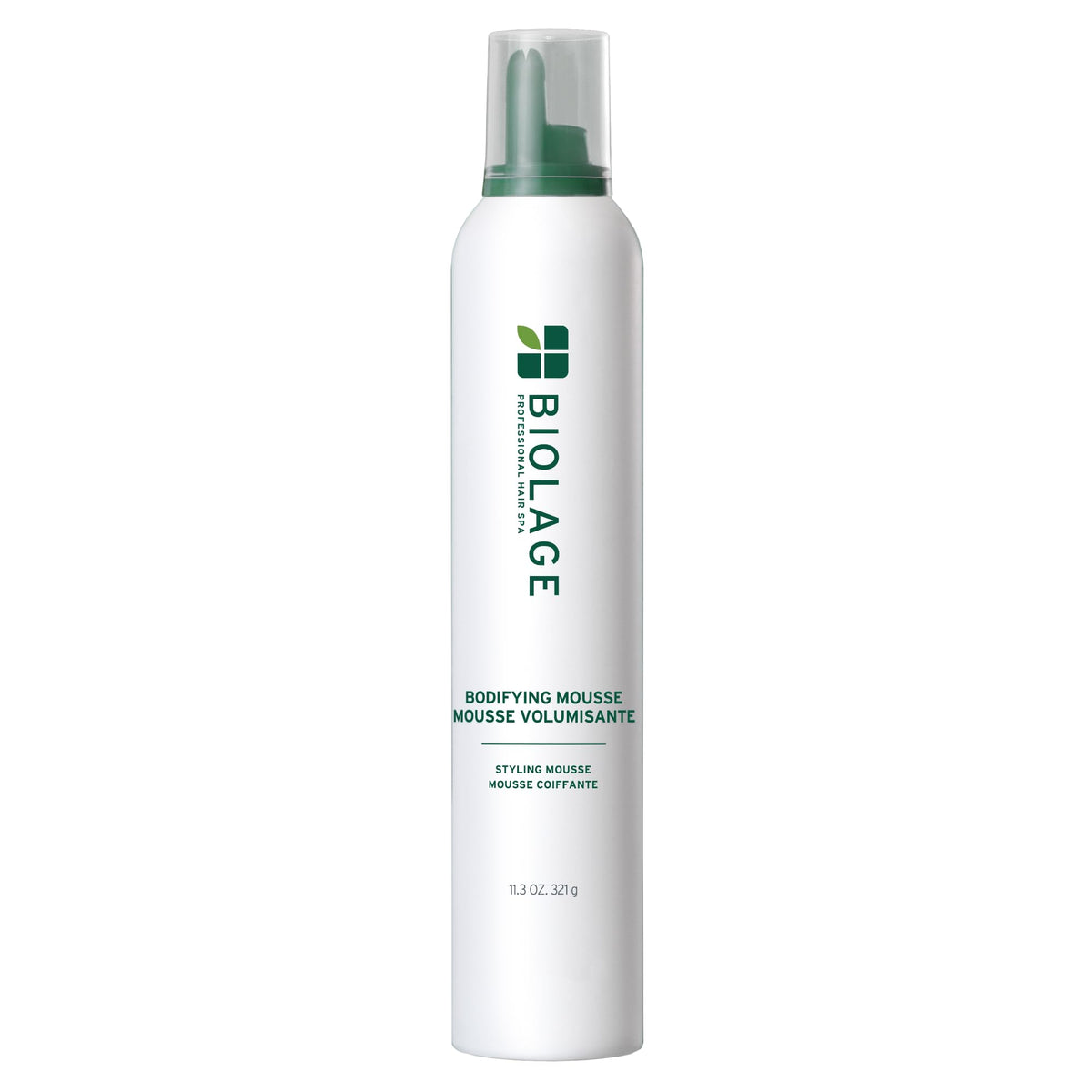 Biolage bote frontal de Bodifying Mousse mostrando diseño y beneficio de volumen