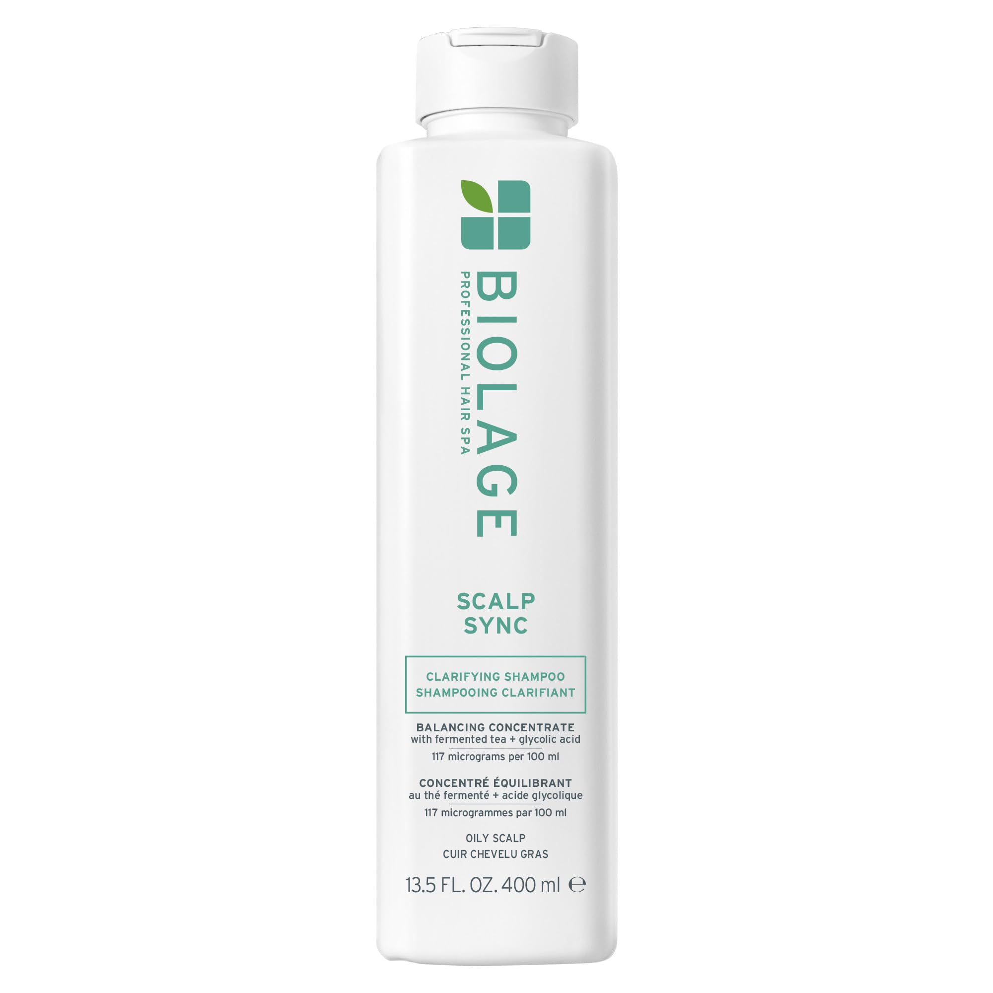 Biolage botella frontal Scalp Sync mostrando el envase y beneficio purificante