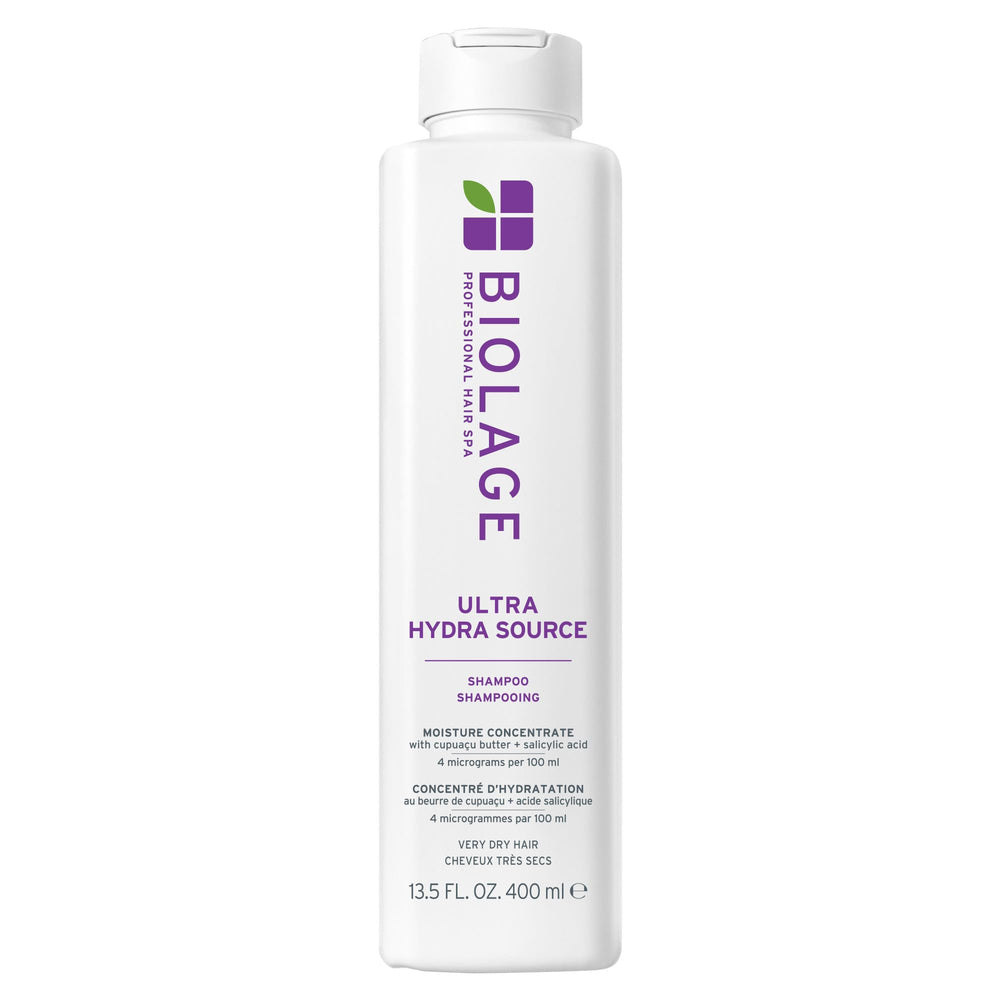 Biolage champú Ultra Hydra Source frontal, envase y beneficio hidratación