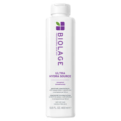 Biolage champú Ultra Hydra Source frontal, envase y beneficio hidratación