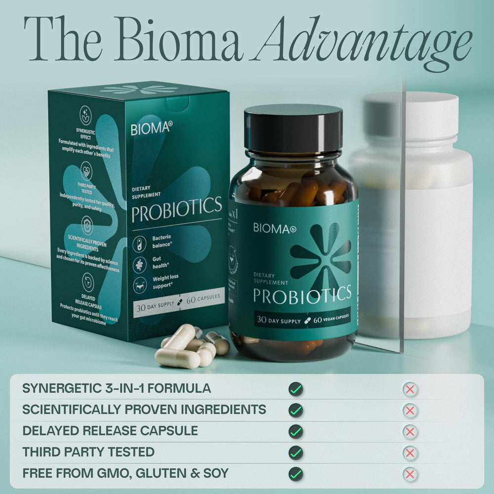 Open BIOMA bottle with capsules displayed for 90-day supply
