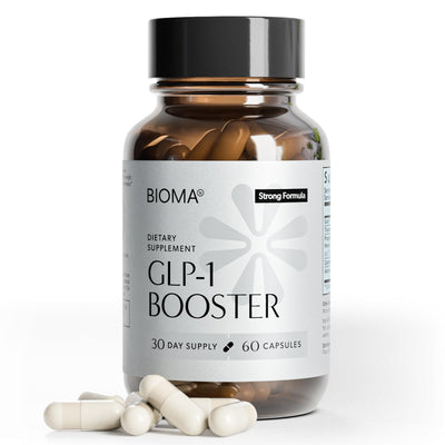 BIOMA bottle front packaging showing supplement benefits and 60 capsules