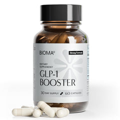 BIOMA bottle front packaging showing supplement benefits and 60 capsules