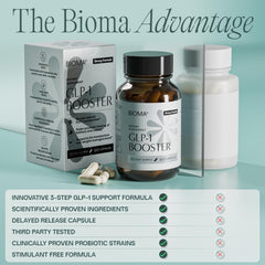 BIOMA capsules on table next to breakfast plate showing daily routine support