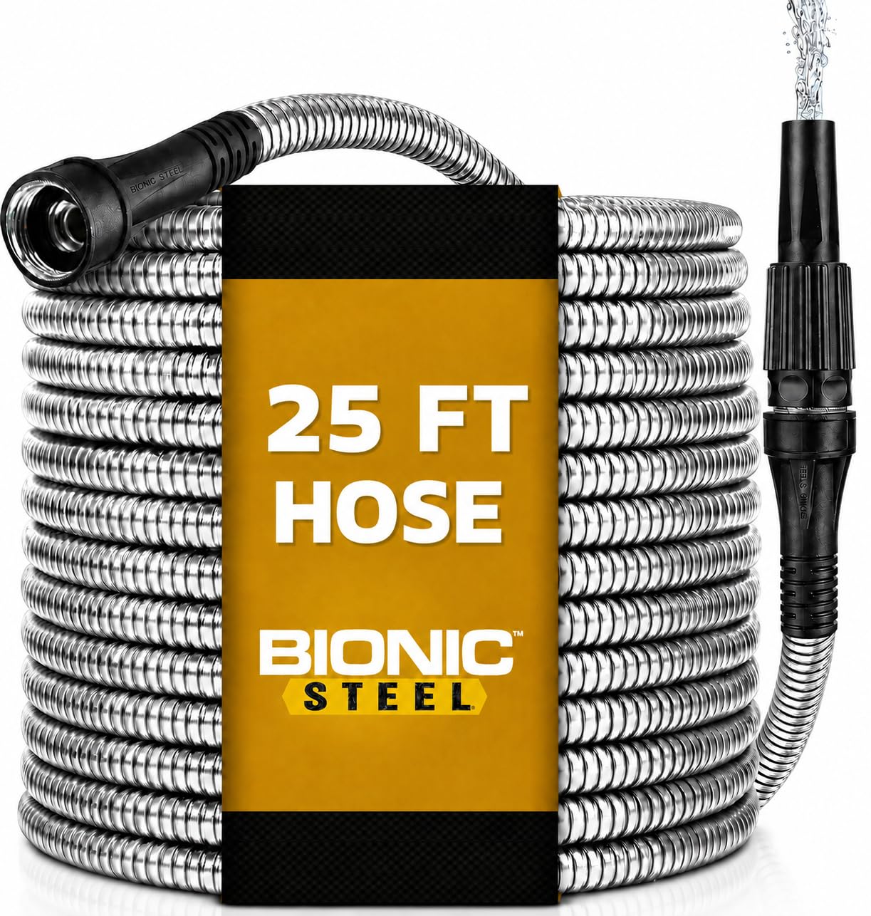 BIONIC STEEL manguera frontal 25 ft mostrando construcción resistente y confianza