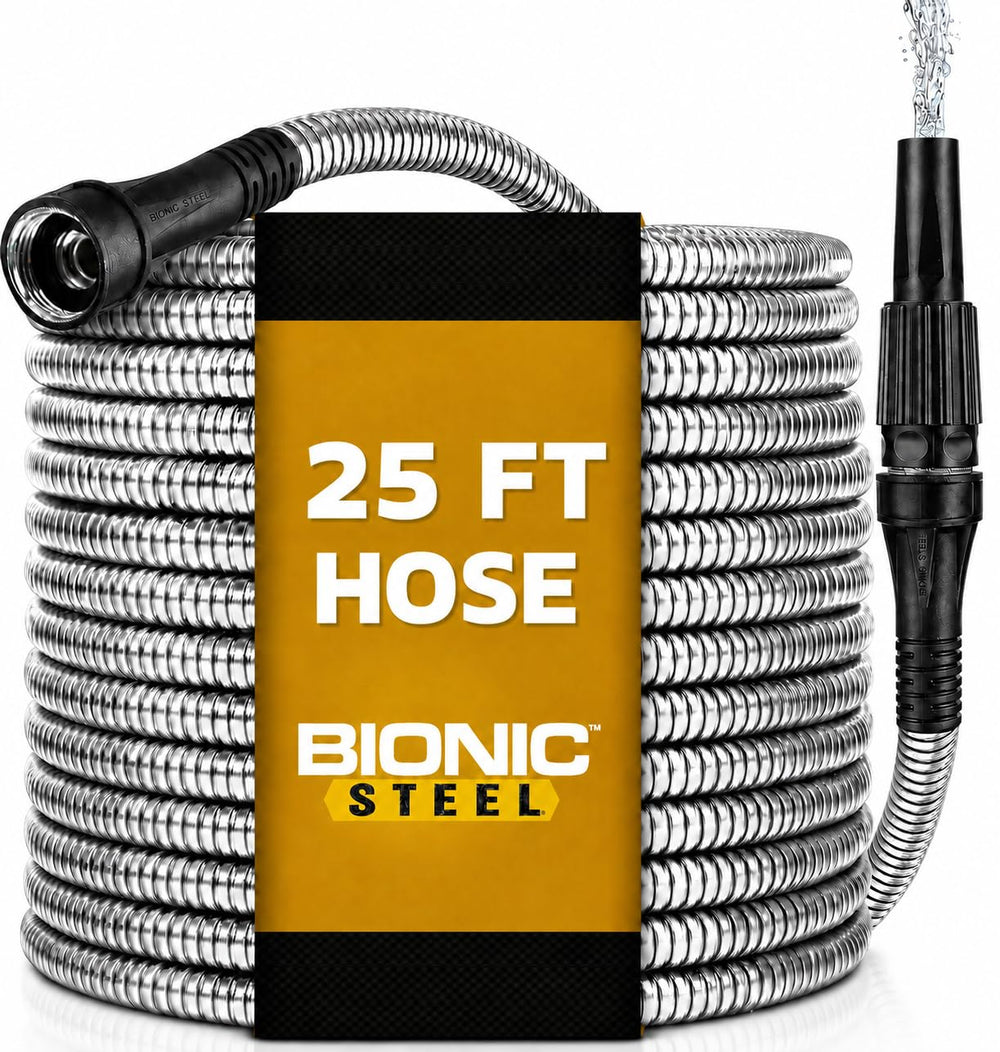 BIONIC STEEL manguera frontal 25 ft mostrando construcción resistente y confianza