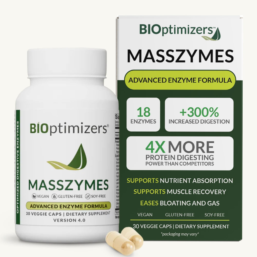BIOptimizers MassZymes frasco frontal, presentación clara y profesional