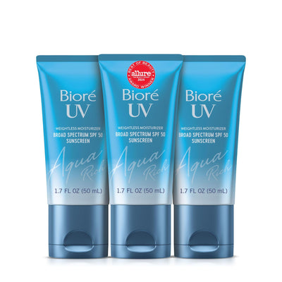 Biore frente del empaque mostrando SPF 50 y beneficios visibles