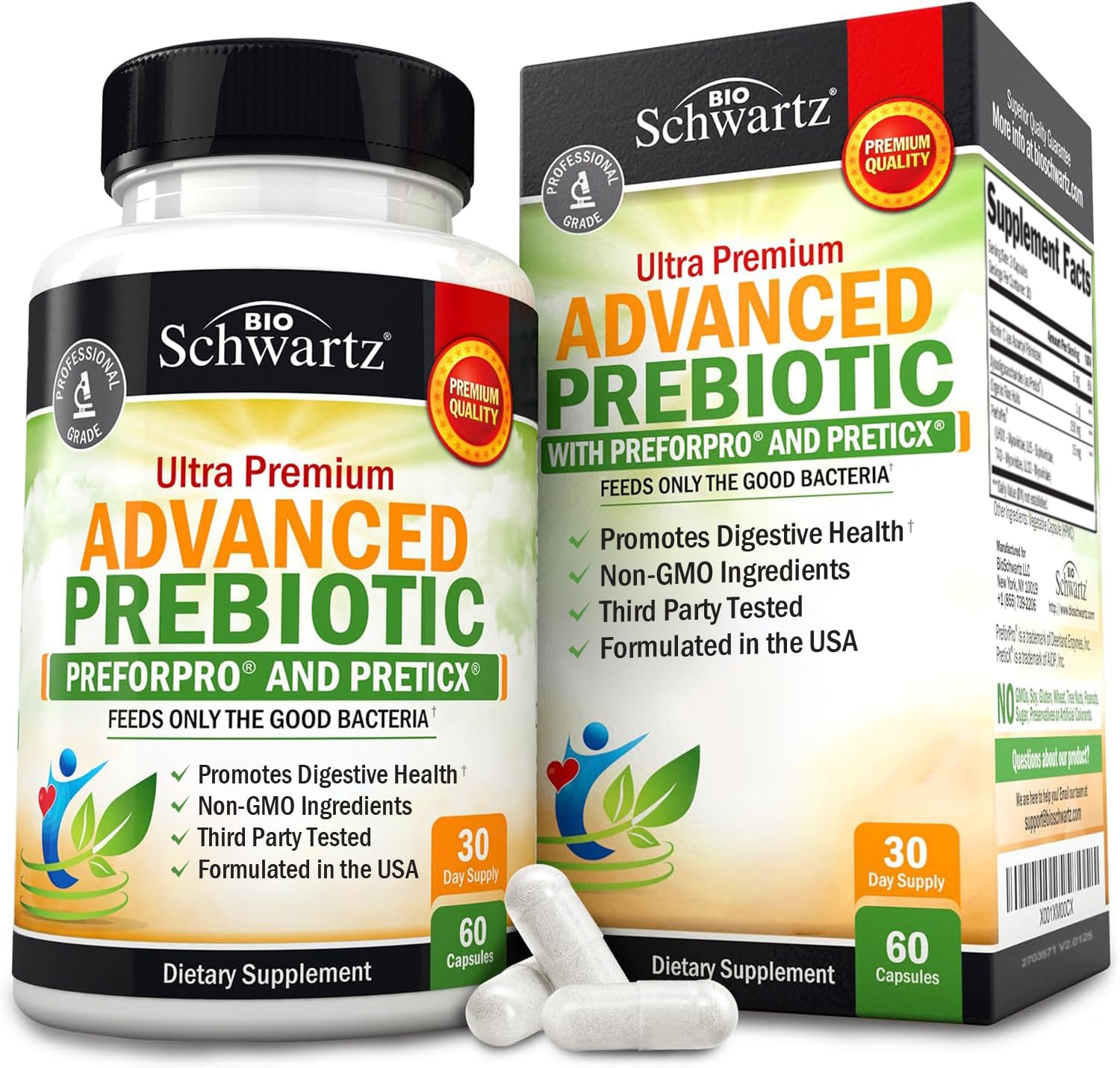 BioSchwartz empaque frontal mostrando suplemento prebiótico beneficiando digestión