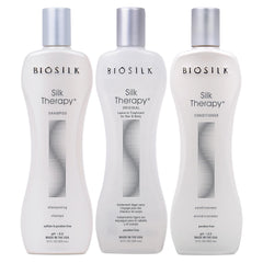 BioSilk kit frontal con champú, acondicionador y sérum mostrando envases y beneficios
