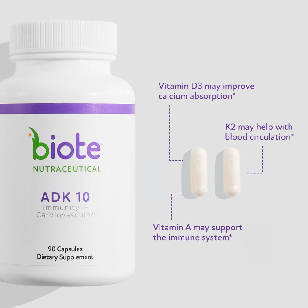 Biote ADK 10 capsule close-up showing smooth texture and easy swallowing benefit
