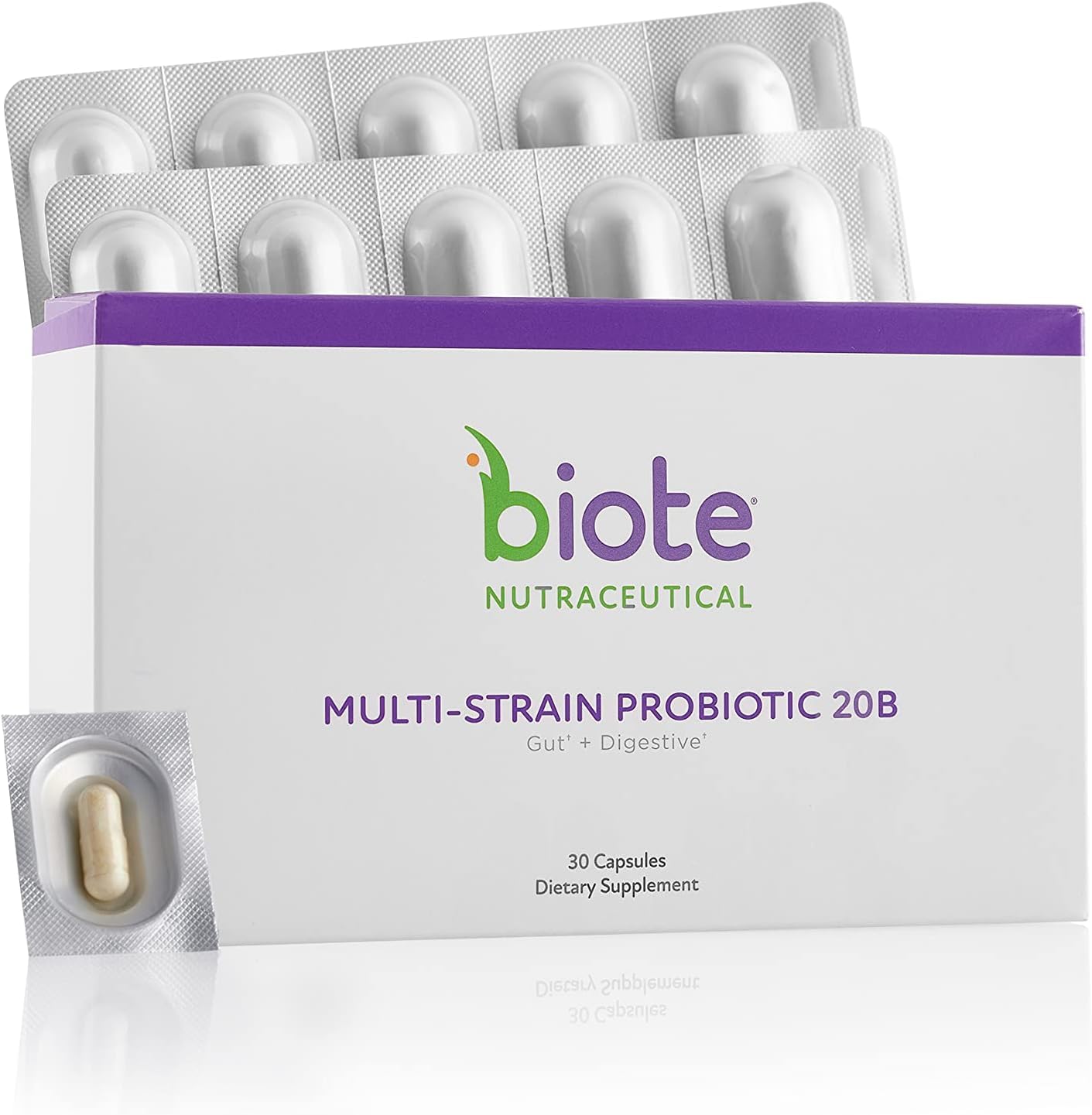 Biote envase frontal del probiótico mostrando el nombre y formato, práctico para uso diario