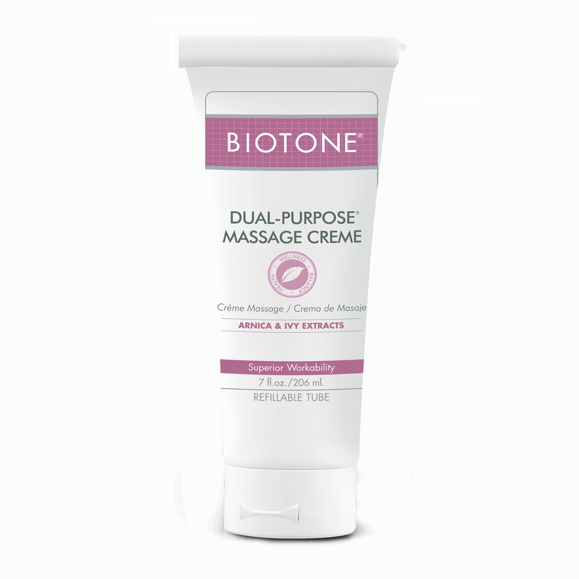 BIOTONE envase frontal de crème de masaje mostrando presentación profesional y beneficio práctico